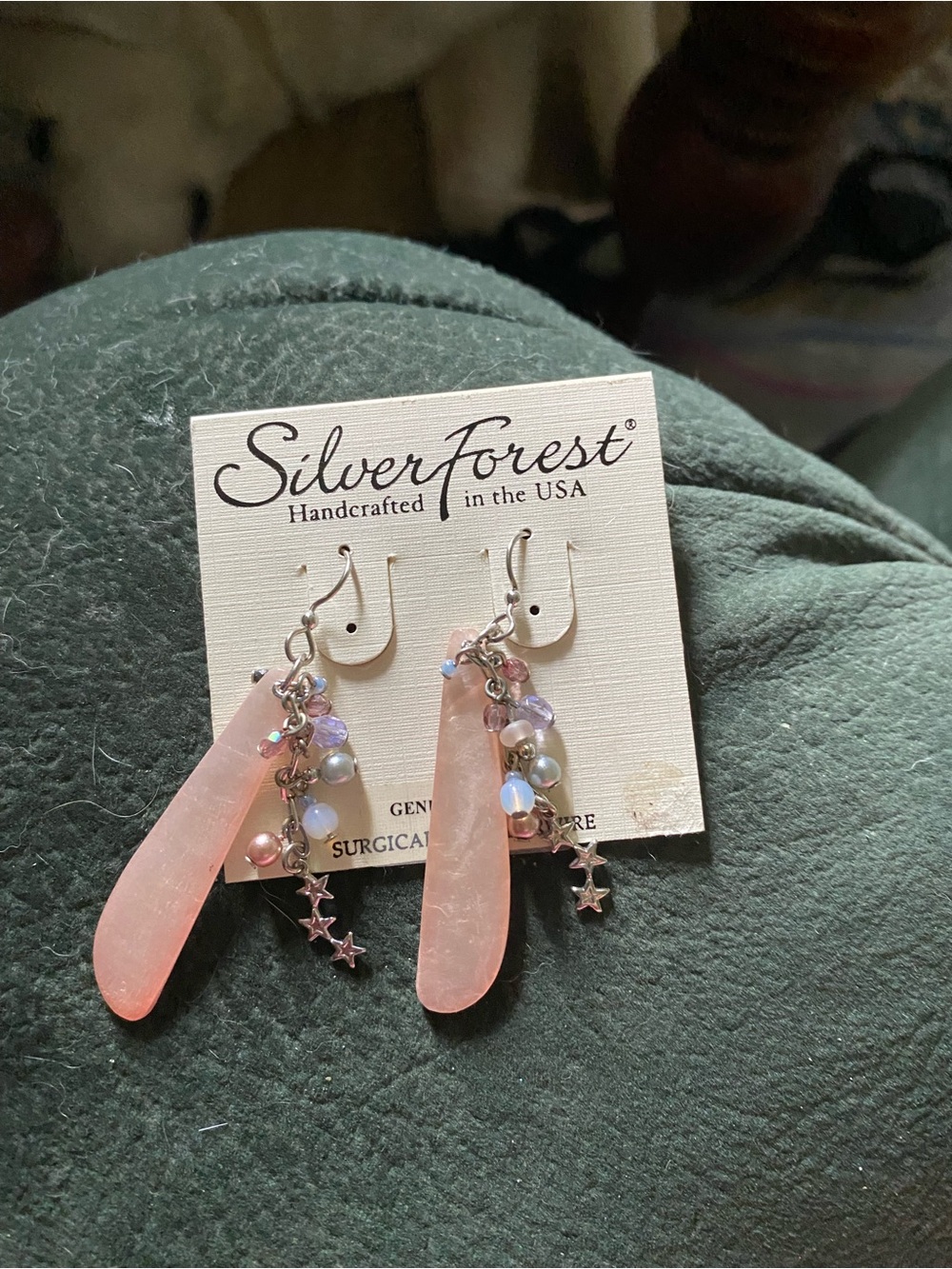 Silver Forest Peach-Pink Drop Earrings with Star Charms
